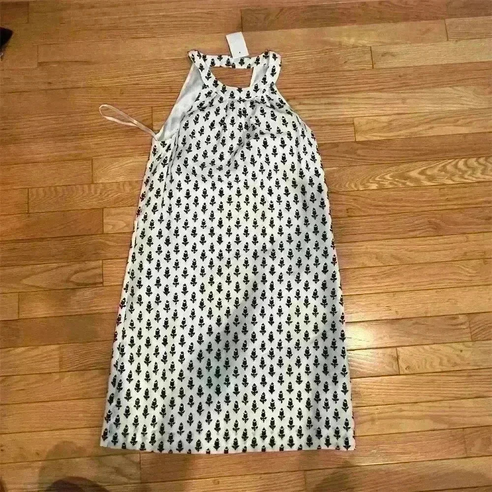 J. Crew Factory White Midi Halter Dress with Black Floral Motif
